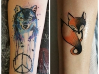 Татуировки на предплечье головы волка и лисы