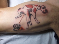 Татуировка писающей собаки на плече