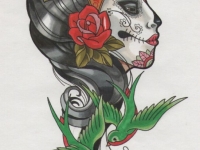 Татуировка голова девушки с ласточками