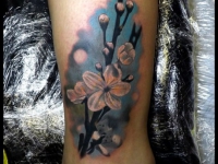 Татуировка цветущая веточка на голени