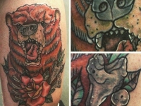 Татуировка головы медведя с розой на руке