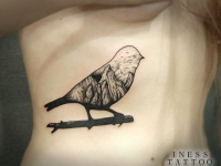 Татуировка птичка-пейзаж на ветке