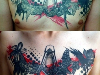 Татуировка бьющихся о фонарь насекомых на груди