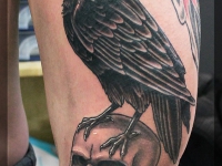 Татуировка ворон и череп на бедре
