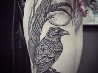 Татуировка птицы сидящей на дереве под луной