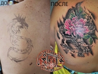 Татуировка дракон и цветок на лопатке