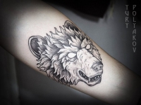 Татуировка головы волка со сверкающими глазами на руке