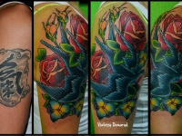 Татуировка птица в розах на плече