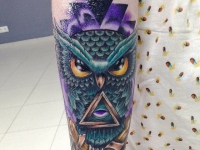 Цветная татуировка совы с масонской символикой на руке