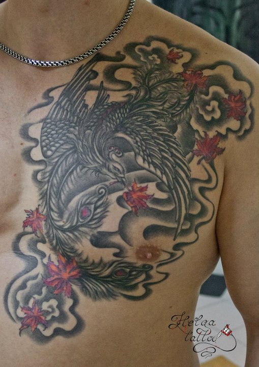 татуировка тату феникс жар-птица япония ориентал черно-белая