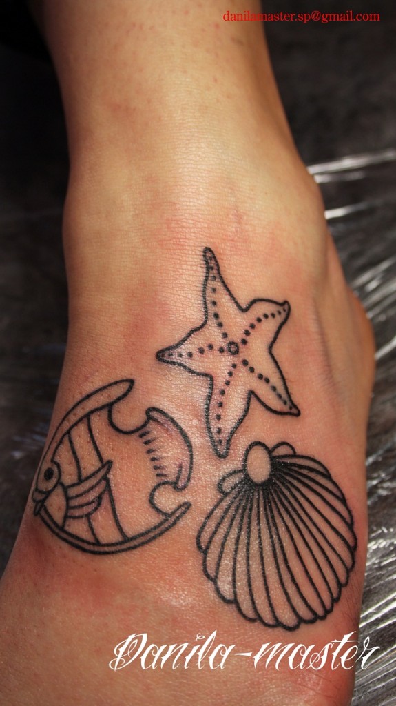рыбка, ракушка, морская звезда.