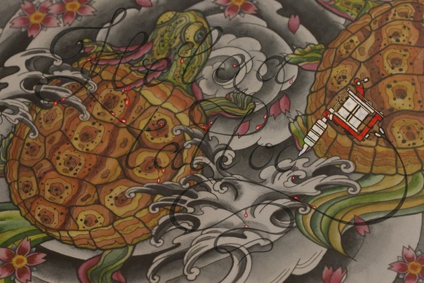 ориентал черепаха цветная татуировка эскиз