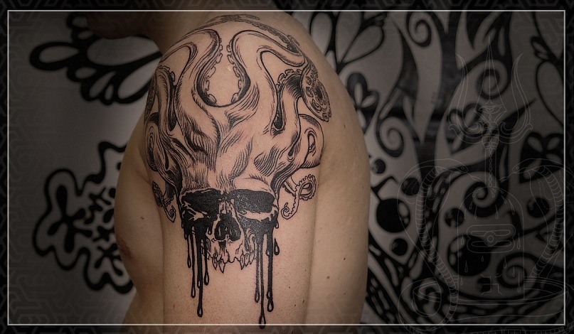 Художественная татуировка, тату гравюра, тату череп, тату осьминог, тату череп-осьминог, artist tattoo, tattoo skull, tattoo octopus, tattoo engraving