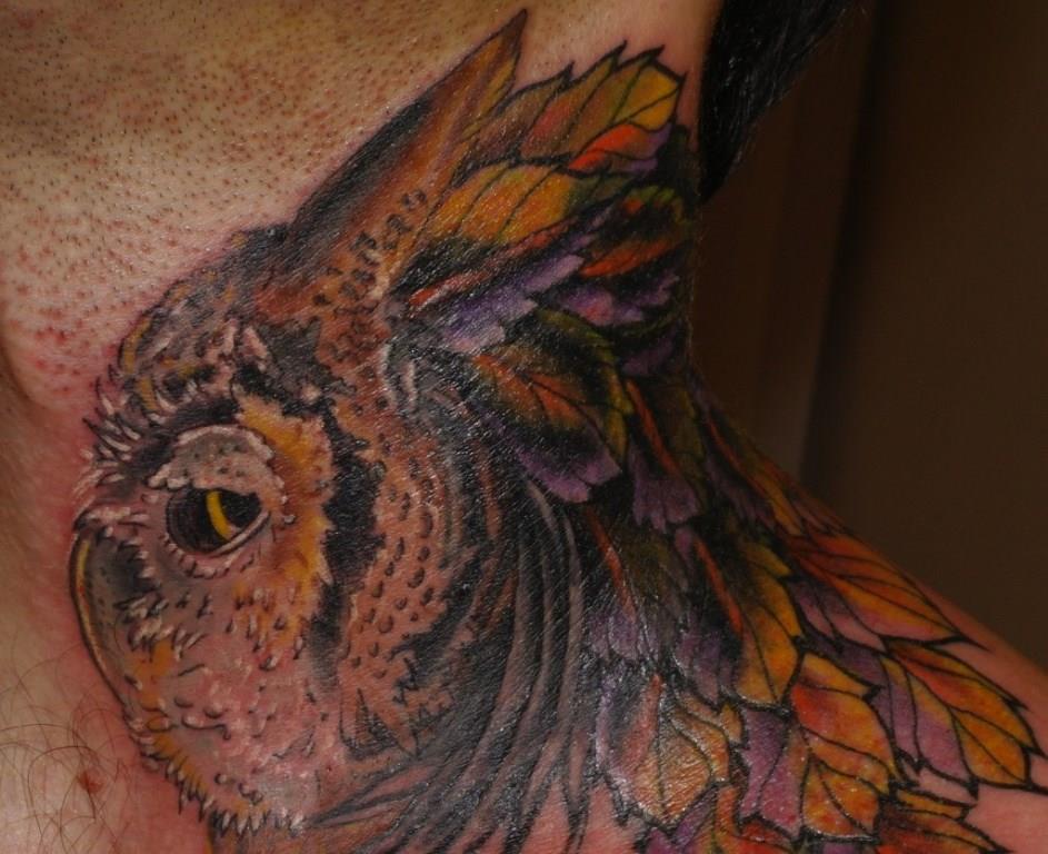 Художественная татуировка, татуировка совы, татуировка листья, перекрытие старой татуировки,  tattoo owl, tattoo cover-up, freehand tattoo, artist tattoo