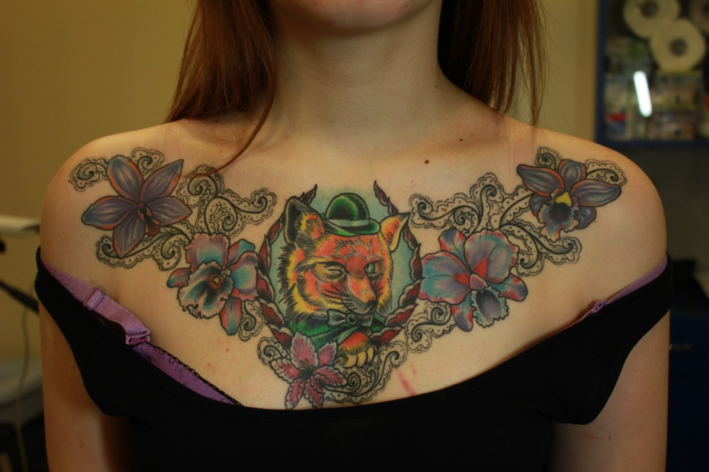 Художественная татуировка, тату лис, тату цветы, тату орхидеи, тату на груди, традиционная тату, arist tattoo, tattoo fox, tattoo flowers, tattoo traditional, tattoo on chest, tattoo orhideus