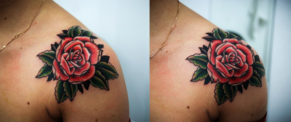 Художественная татуировка "Роза". Мастер Денис Марахин. Расположение: плечо.
