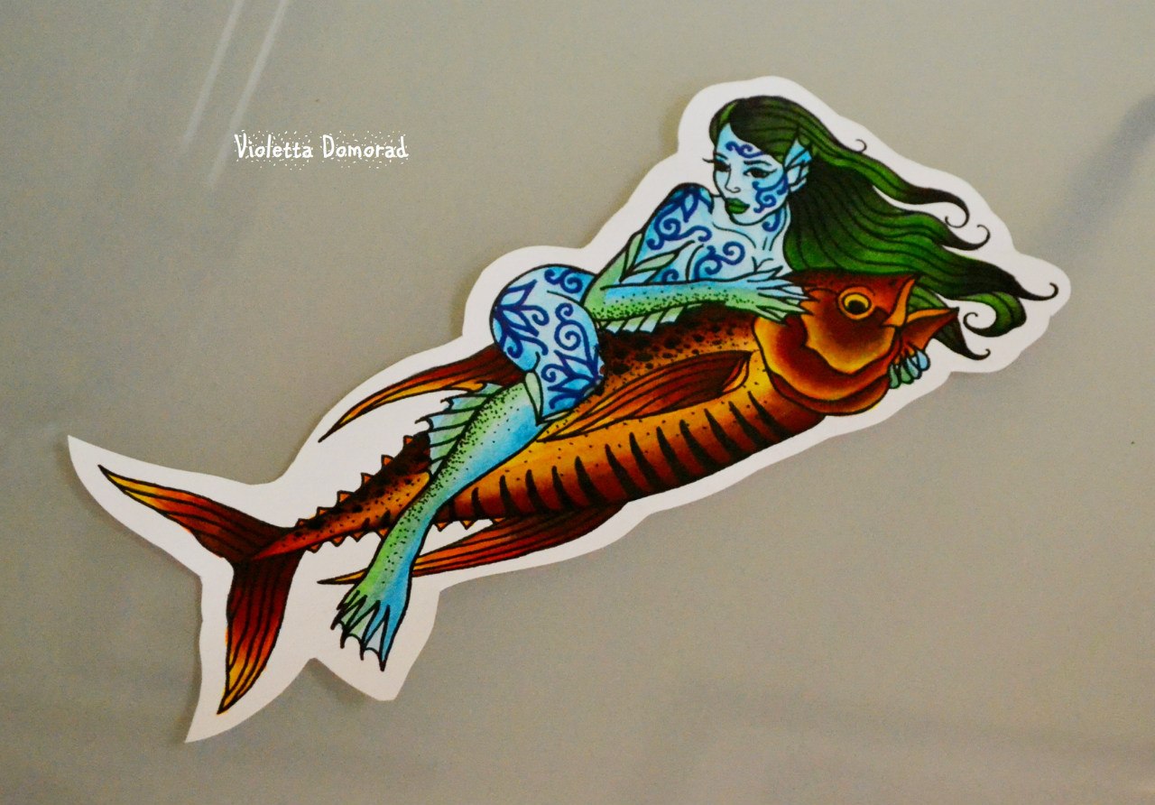Эскиз русалка и золотая рыбка. мастер Виолетта Доморад.
