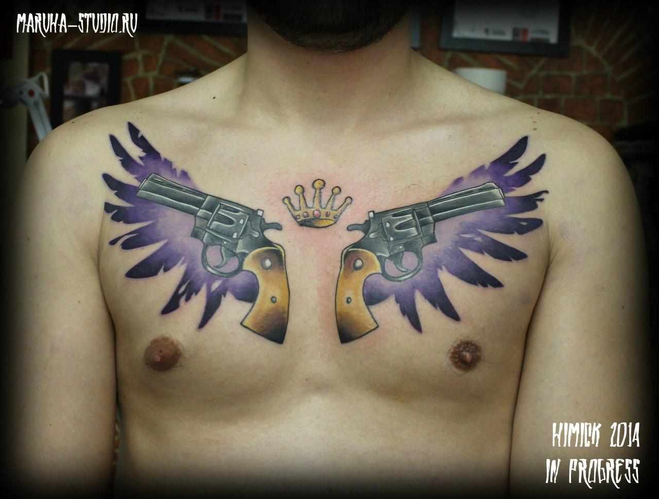 Художественная татуировка " Револьверы и крылья" от Евгения Химика. Работа в процессе.