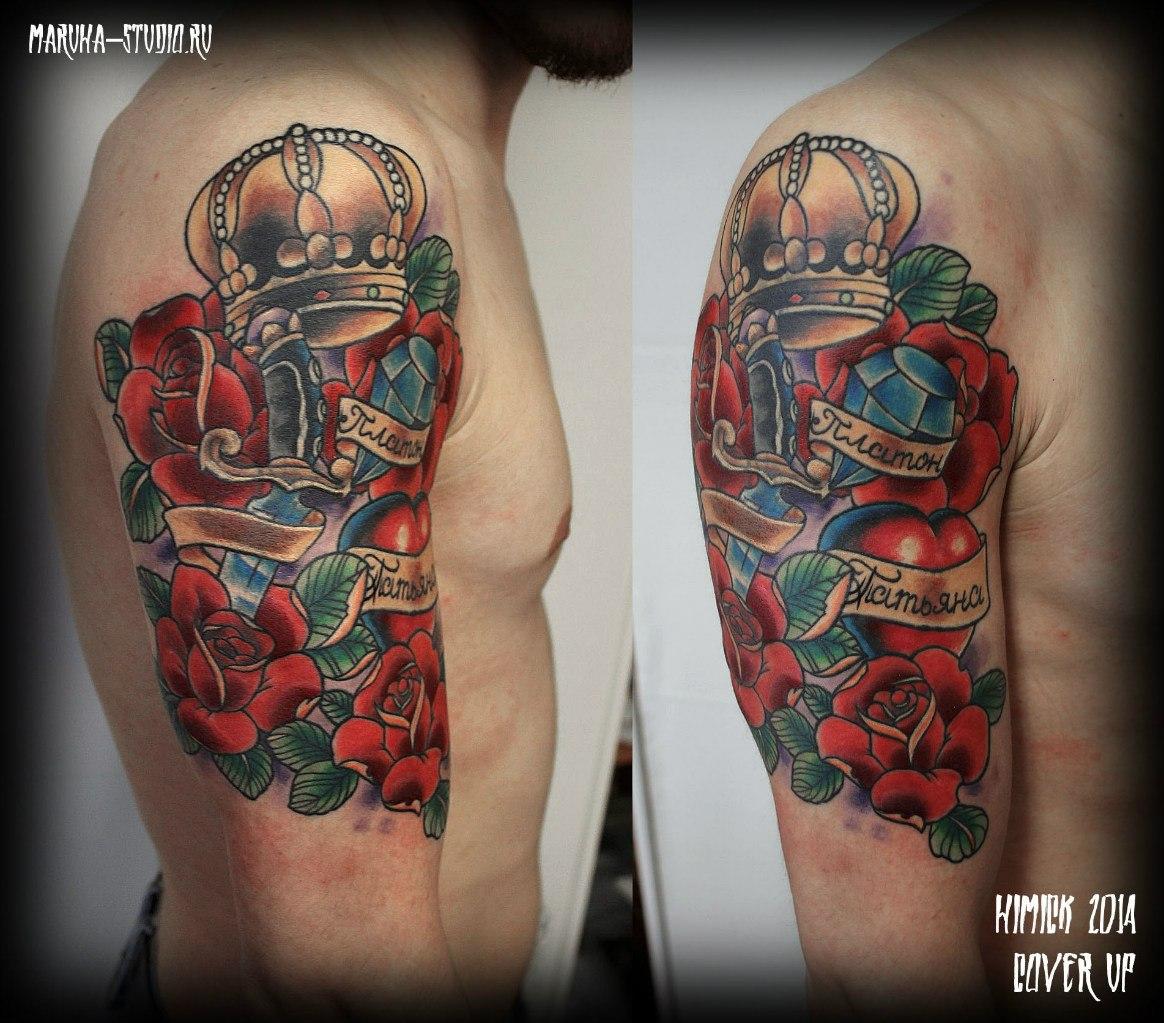 Художественная татуировка "Розы с короной" от Евгения Химика.