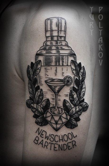 Художественная татуировка "Newschool Bartender" от Юрия Полякова