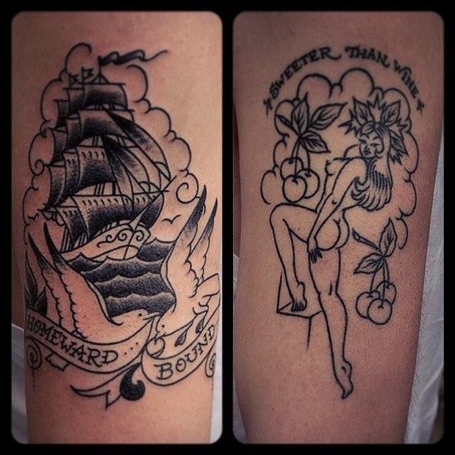 Художественная татуировка "Корабль" от Валеры Моргунова. Справа зажившая работа