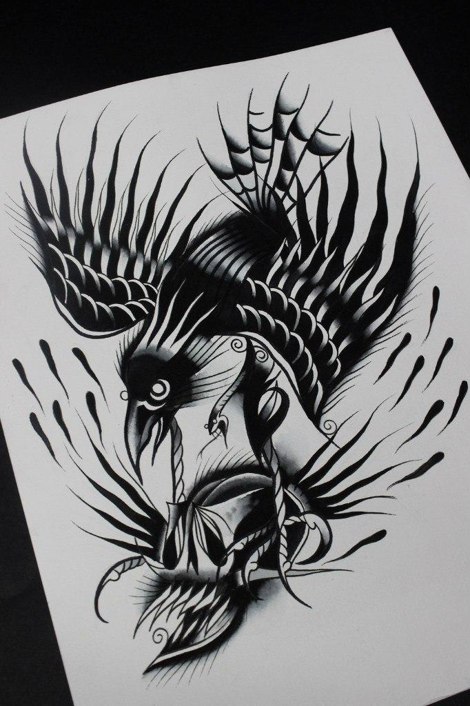 Свободный эскиз "Ворон с черепом" от мастера художественной татуировки Вовы Snoop'a.