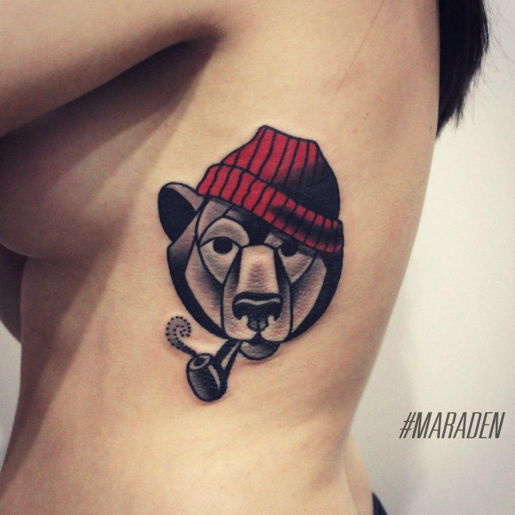 Художественная татуировка «Медведь». Мастер — Денис Марахин. Расположение — ребра. Время работы — 3 часа. По собственному эскизу.