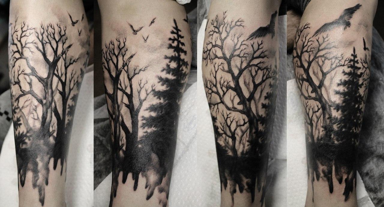 Художественная татуировка «Лес». Мастер — Анна Корь
