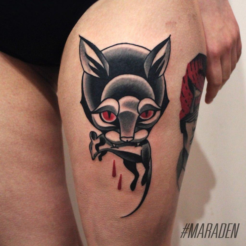 Художественная татуировка «Кот». Мастер — Денис Марахин. Расположение — бедро. Время работы — 2 часа. По своему эскизу.