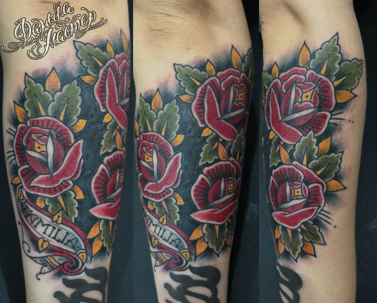 Перекрытие старой татуировки розами от Данилы-Мастера