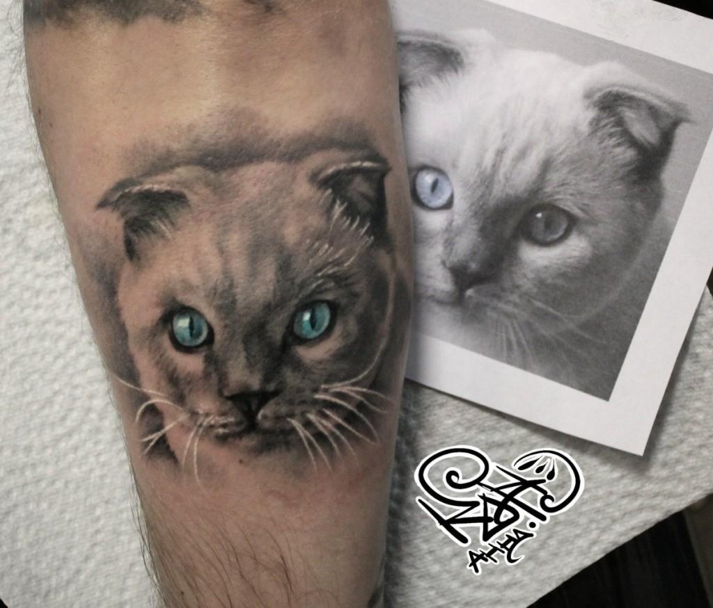 Художественная татуировка «Кошка». Мастер — Анна Корь. Расположение — предплечье. Время работы — 1,5 часа. По фотографии клиента.