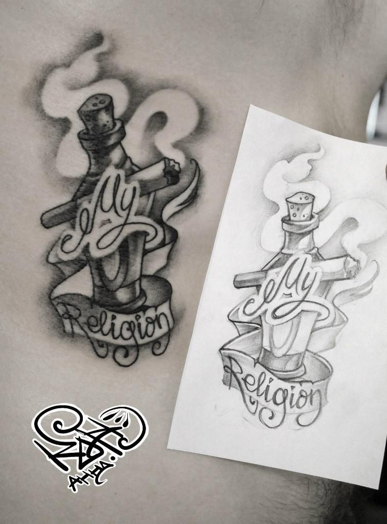 Художественная татуировка «My religion». Мастер — Анна Корь. Расположение — ребра. Время работы — 1 час. По своему эскизу.