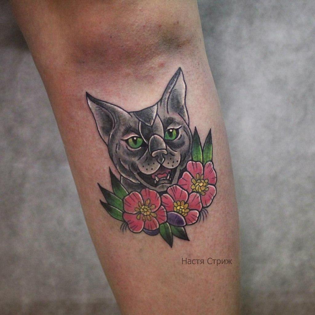 Художественная татуировка "Кошка". Мастер Настя Стриж.