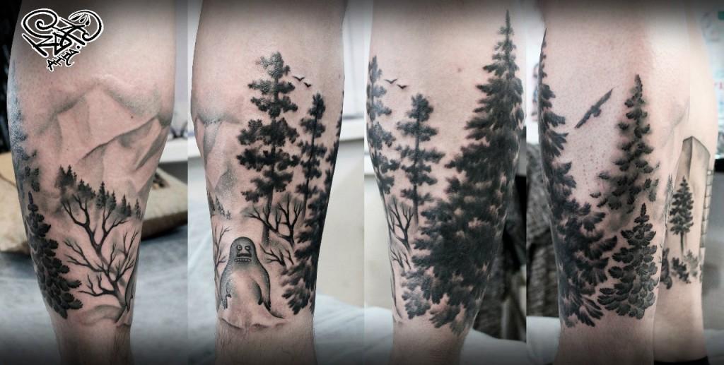 Художественная татуировка «Лес». Мастер — Анна Корь. Расположение — голень. Фрихенд по идее клиента