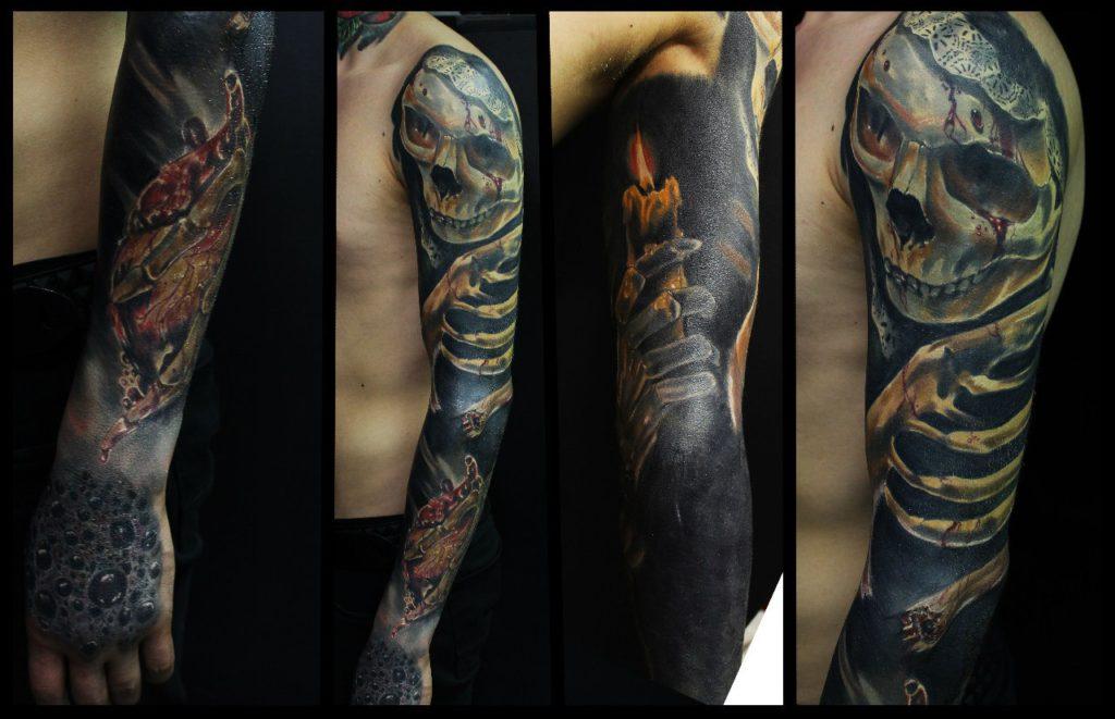 Художественная татуировка-рукав «Скелет, кровь и horror»