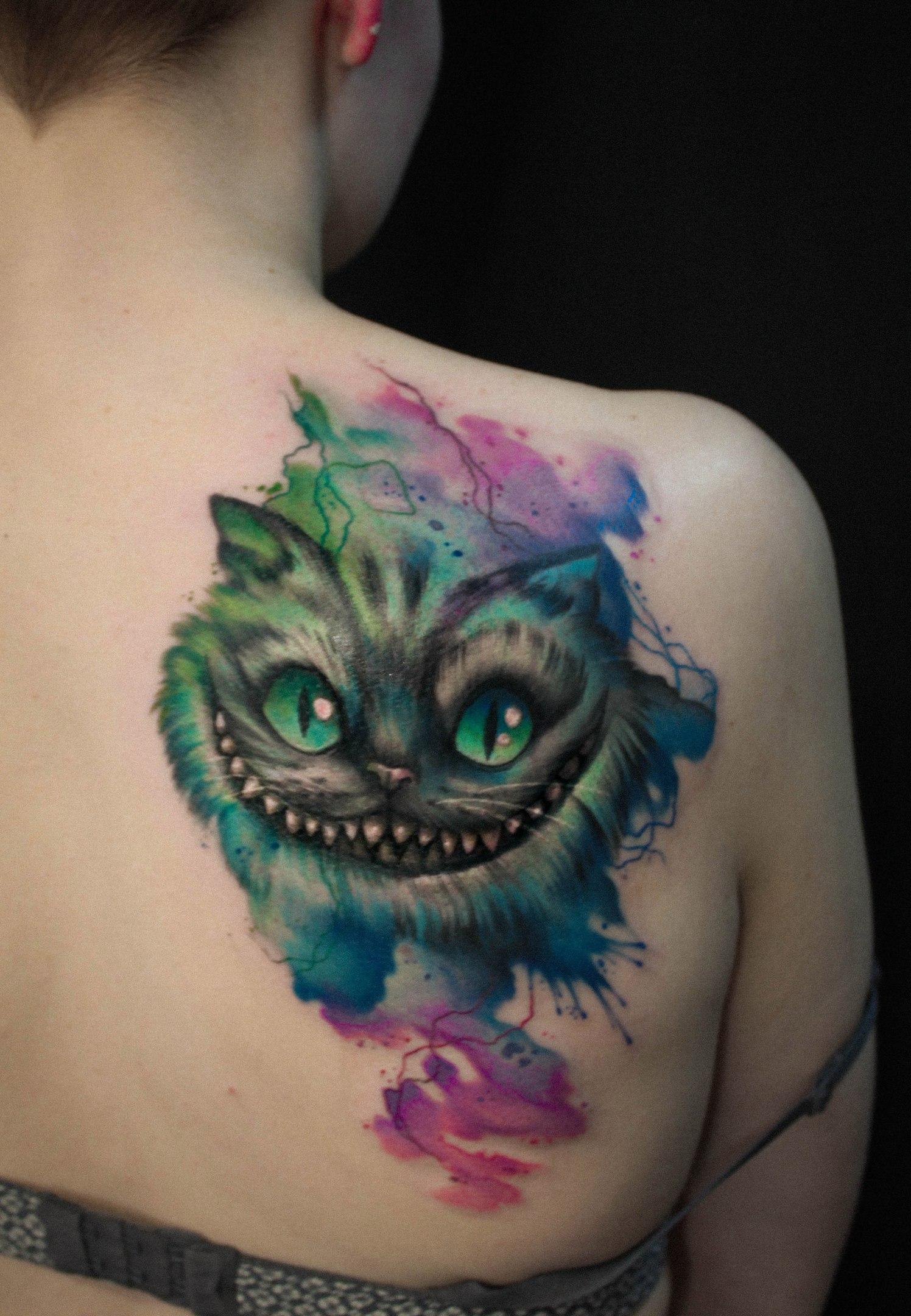 Художественная татуировка «Чеширский кот». Мастер- Анна Корь.